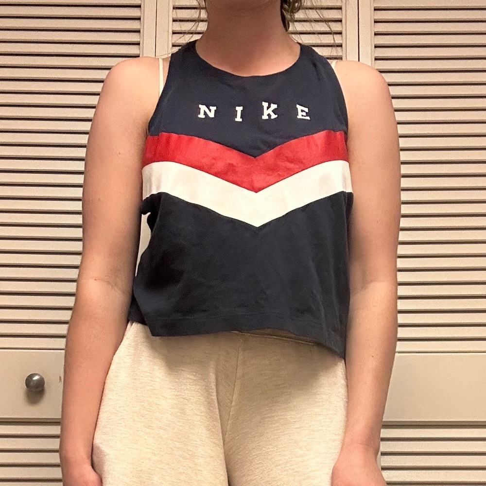 Retro Nike Blue Cotton Tank Top With Red and White Chevron Graphic
